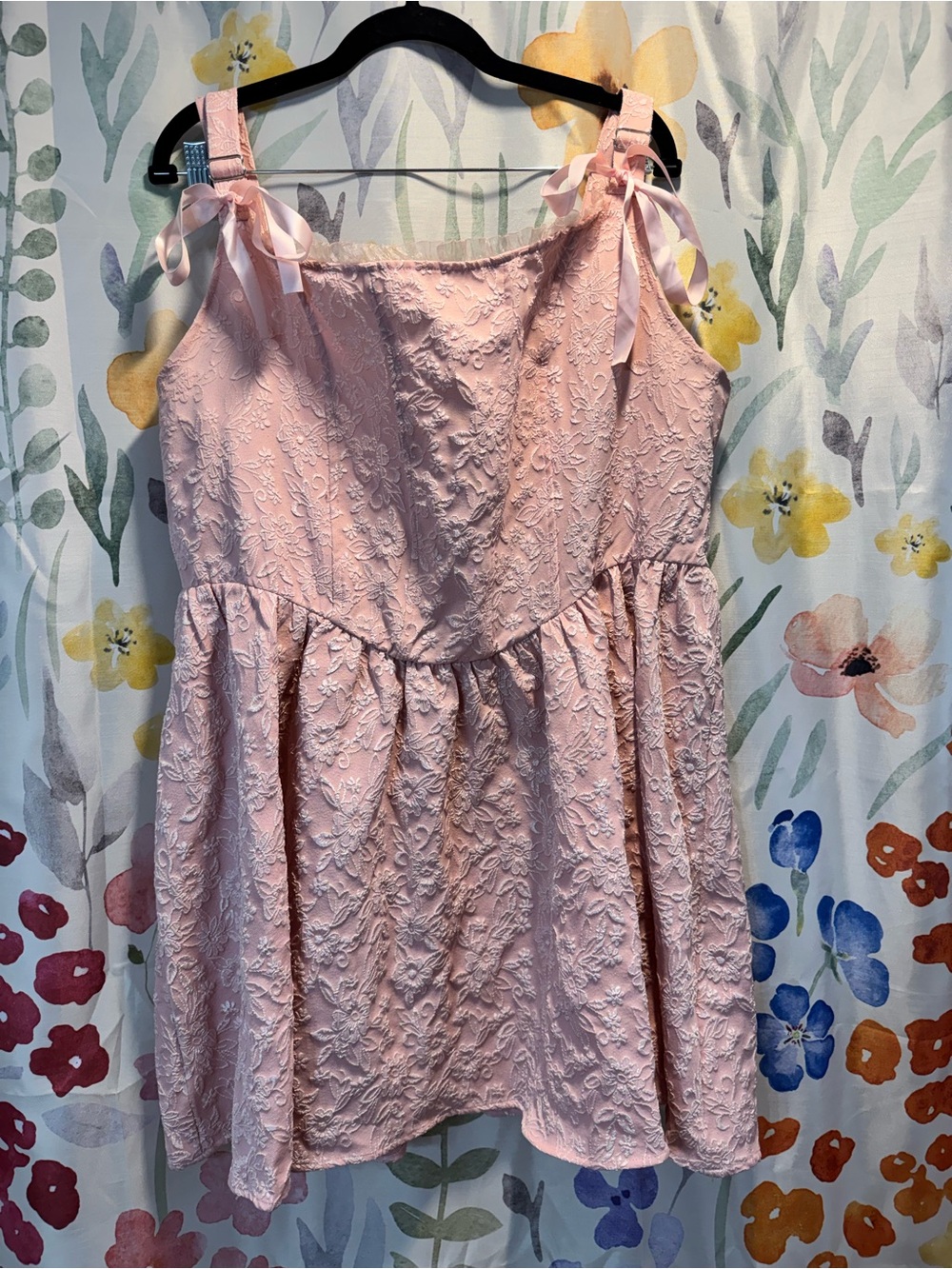 Pink Embroidered Tie-Shoulder Mini Dress